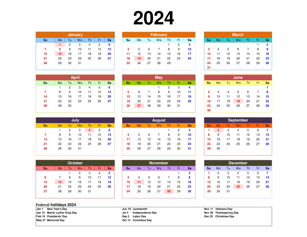 2024 Photo Calendar Printable One February 2024 Calendar Printable   2024 Calendar One Page Multi Colored Landscape 1024x791 