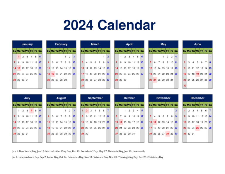 Printable Calendar 2024 One Page with Holidays (Single Page) 2024