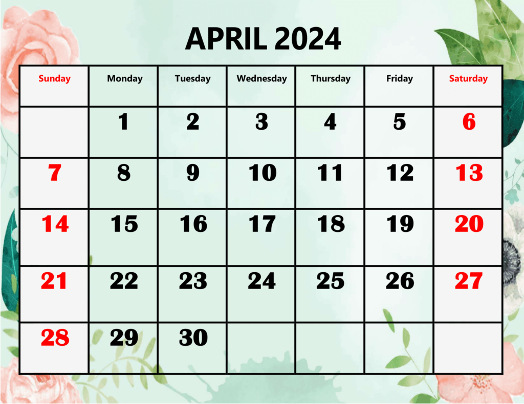 April 2024 Rose and Leaf Background Calendar