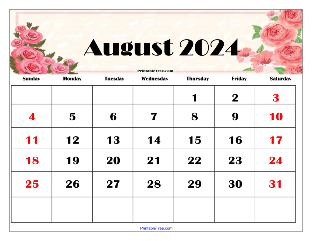 August 2024 Floral Calendar Printable