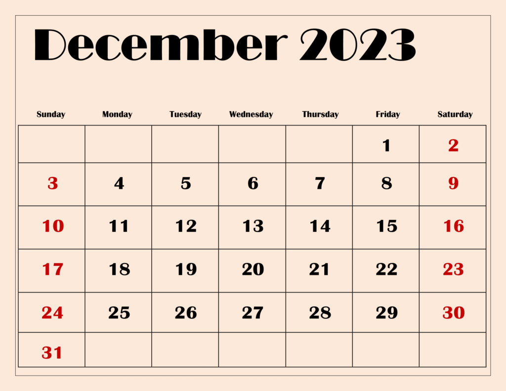 December 2023 Light Pink BG Calendar