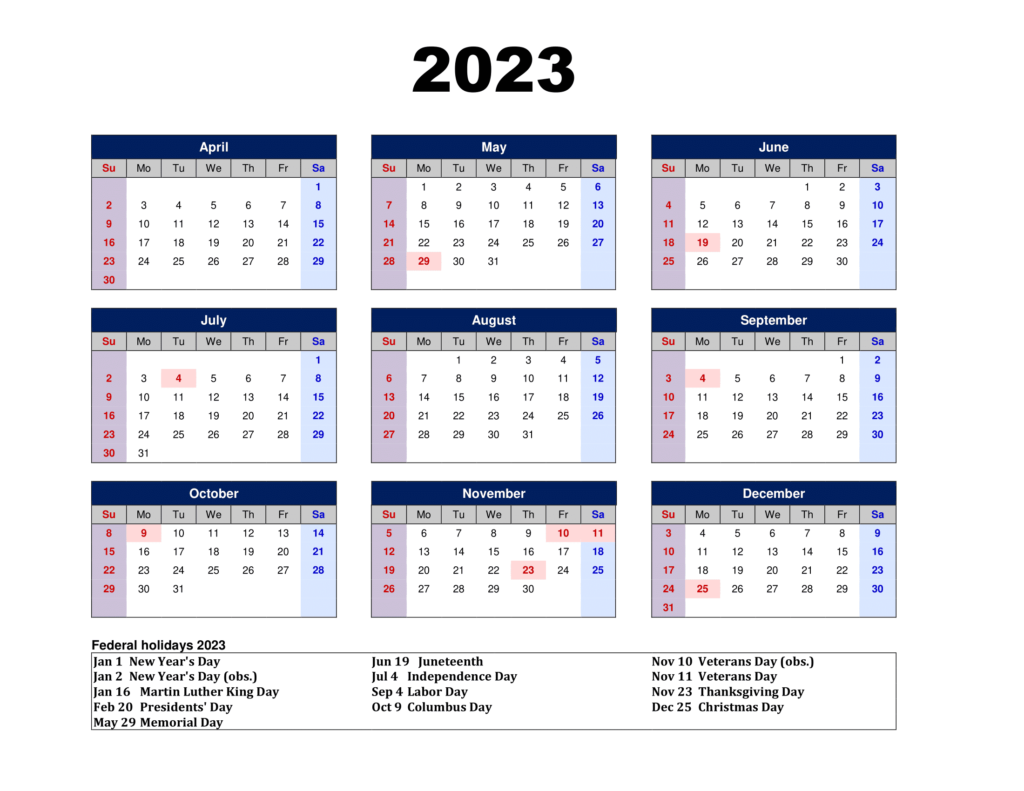 Federal Holidays 2023 Calendar One Page