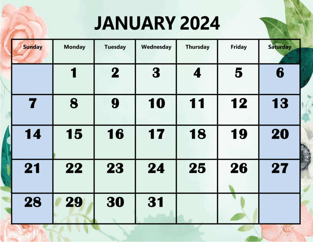 January 2024 Rose and Leaf Background Calendar