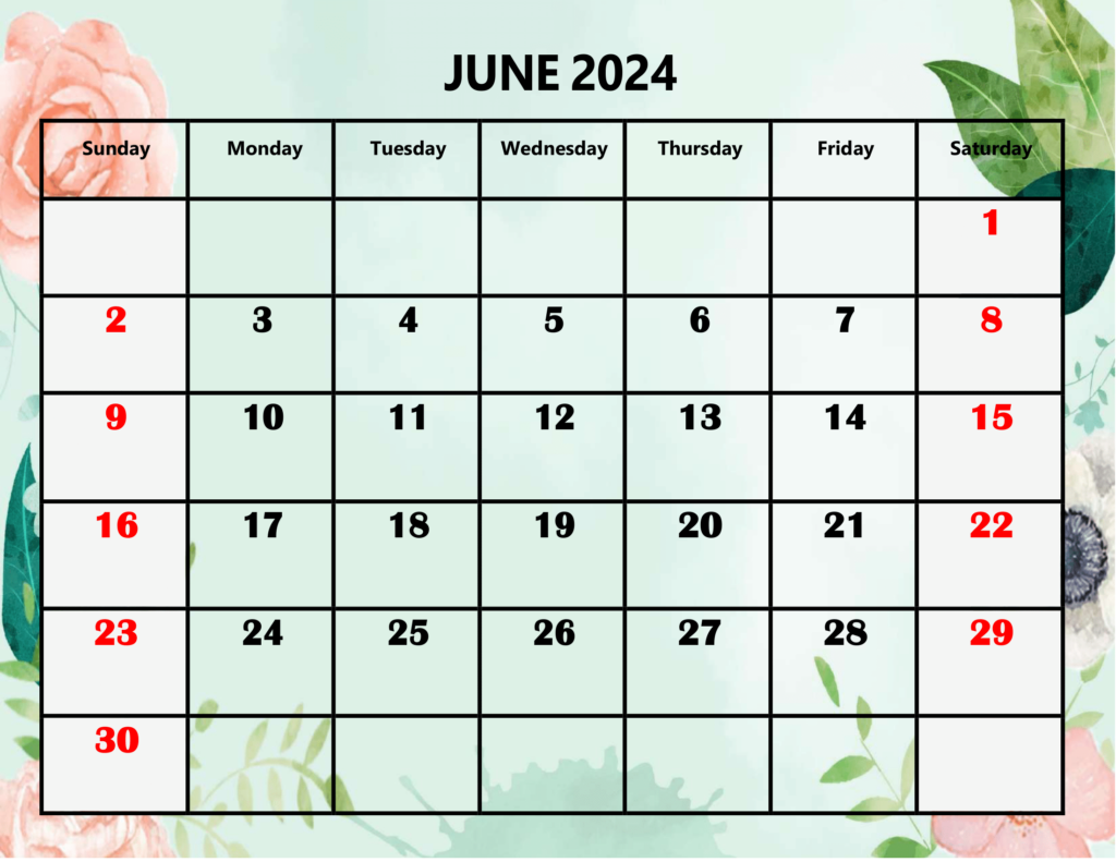 June 2024 Rose and Leaf Background Calendar