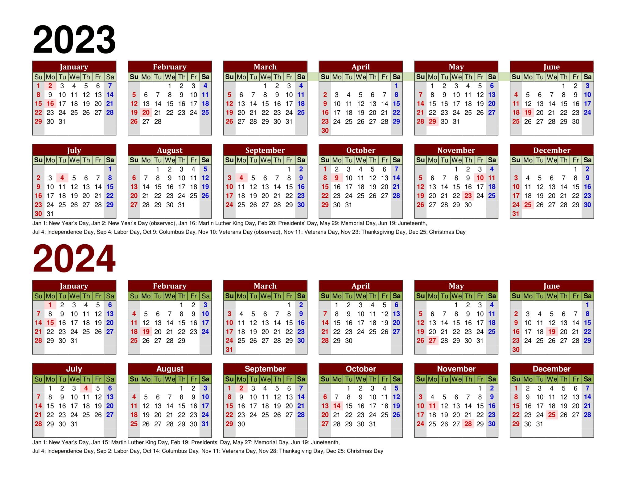 Free Printable Two Year Calendar Templates for 2023 and 2024 in PDF