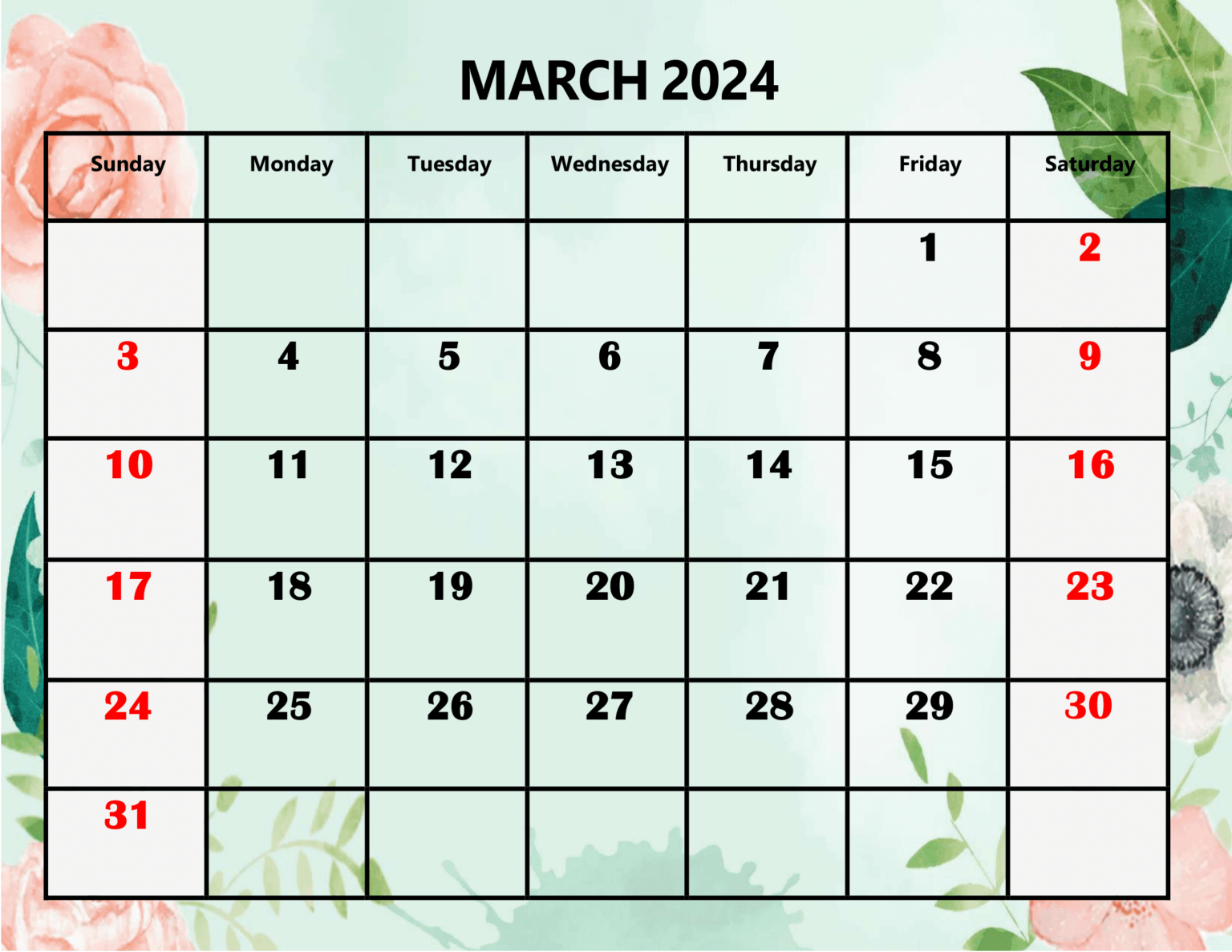 March 2024 Calendar Printable PDF with Holidays Template Free