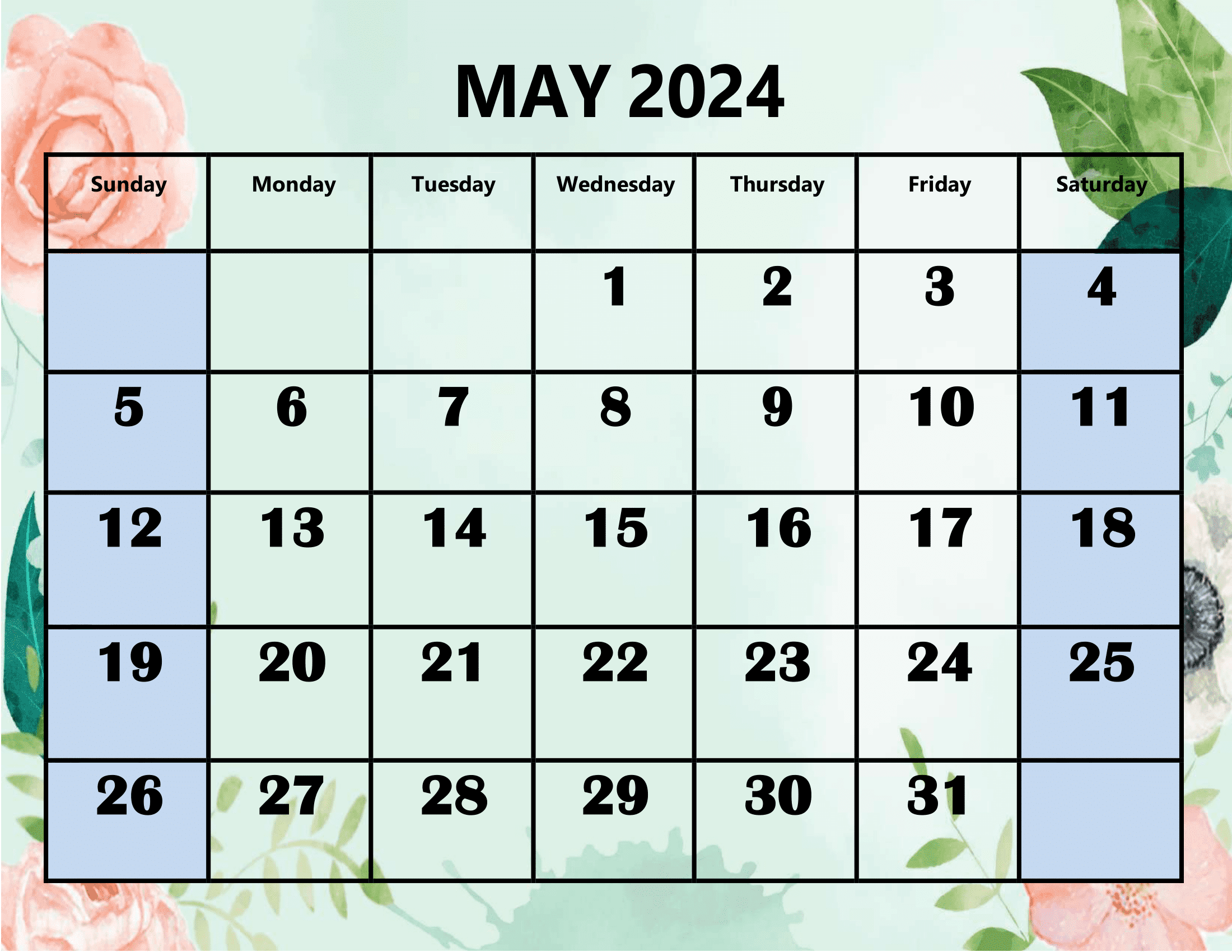 May 2024 May Calendar Printable Pdf Download 2024 Calendar 2024 Printable   May 2024 Rose And Leaf Background Calendar 