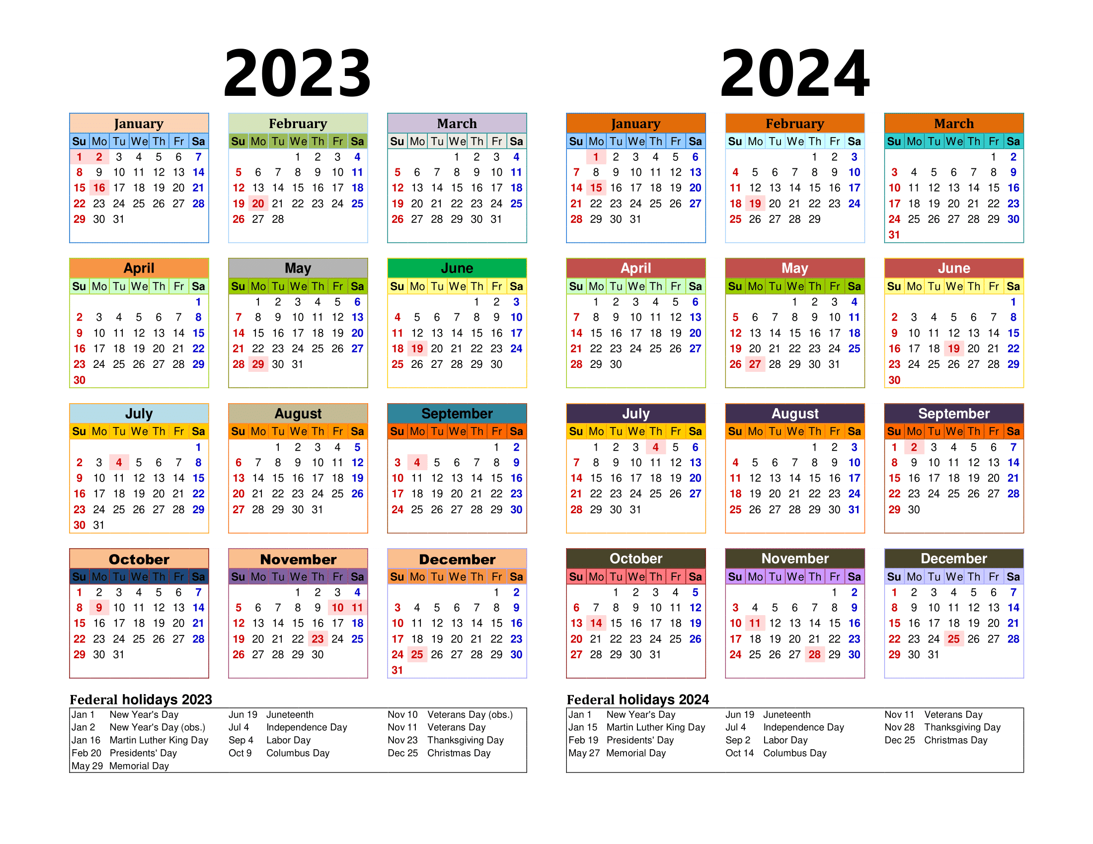 Free Printable Two Year Calendar Templates for 2023 and 2024 in PDF