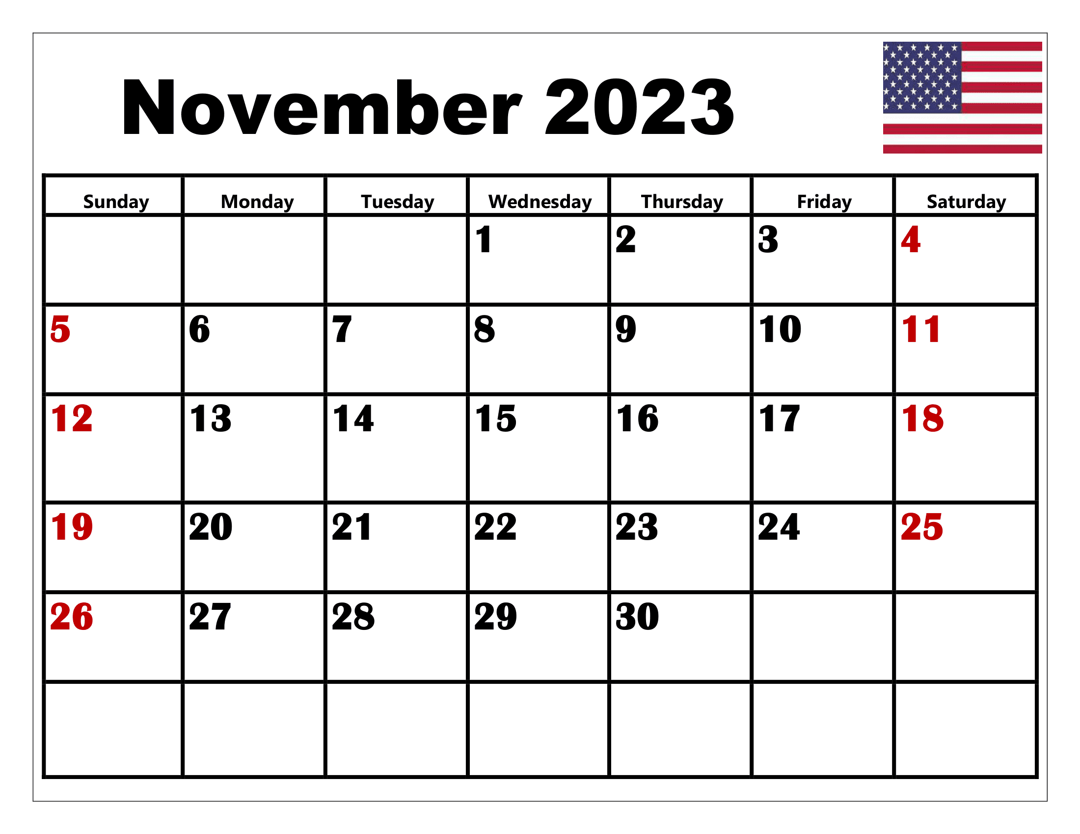Free November 2023 Calendar Printable PDF With Holidays Templates