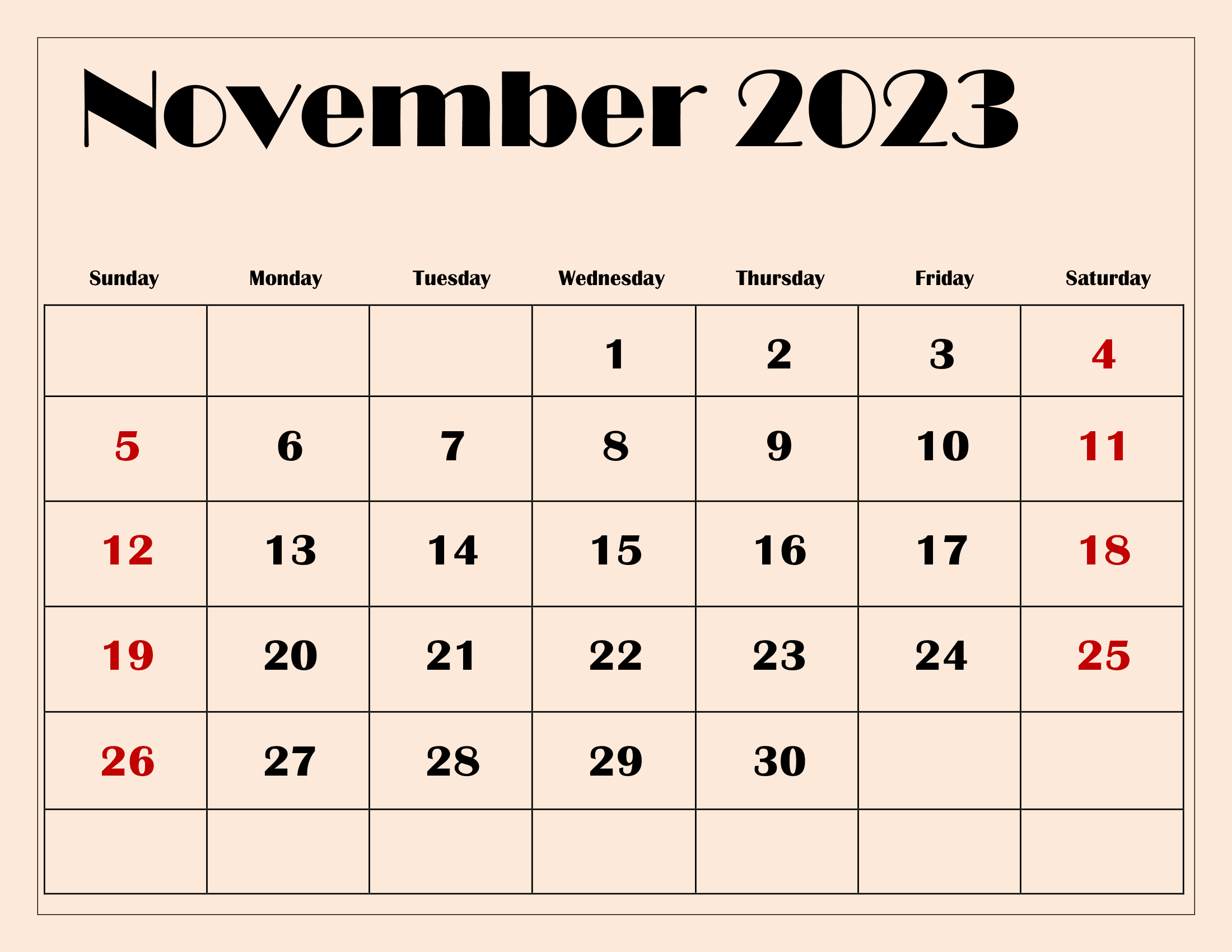 Free November 2023 Calendar Printable PDF with Holidays Templates