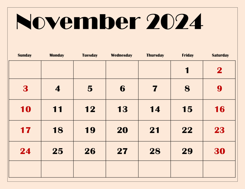 November 2024 Light Pink BG Calendar