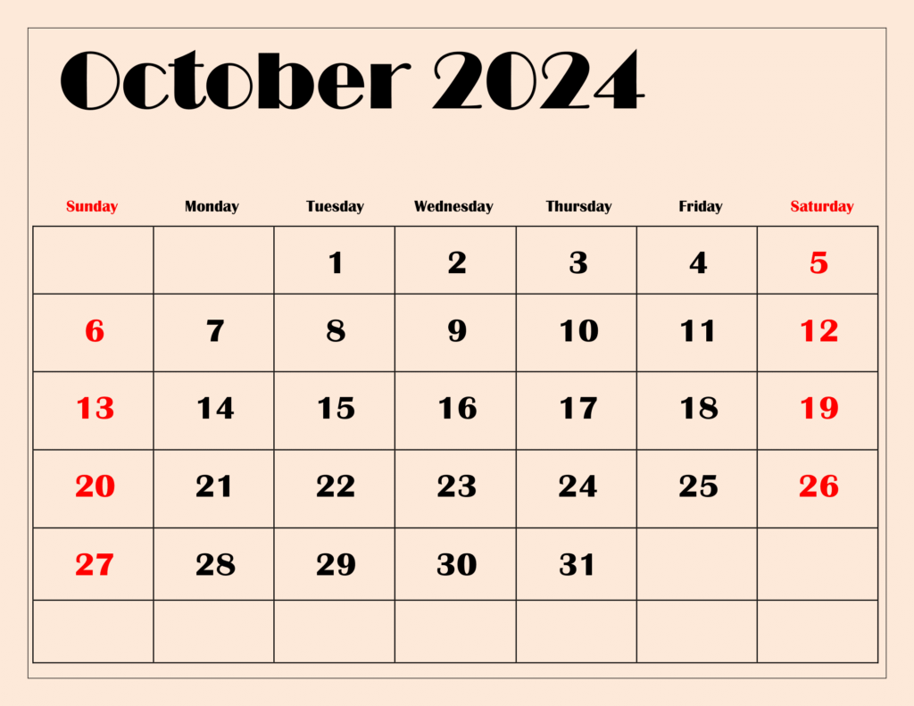 October 2024 Light Pink BG Calendar