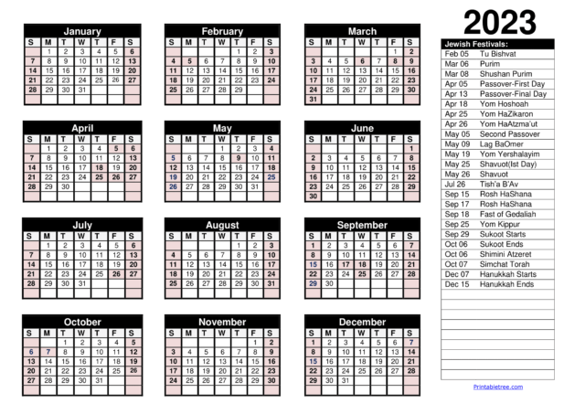 Jewish Calendar 2023, 2024 PDF Templates with Jewish Holidays Lists