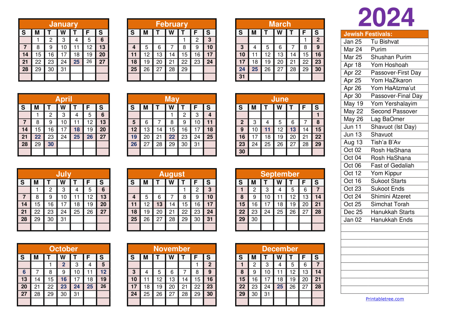 Jewish Calendar 2024 2025 PDF Templates With Jewish Holidays Lists