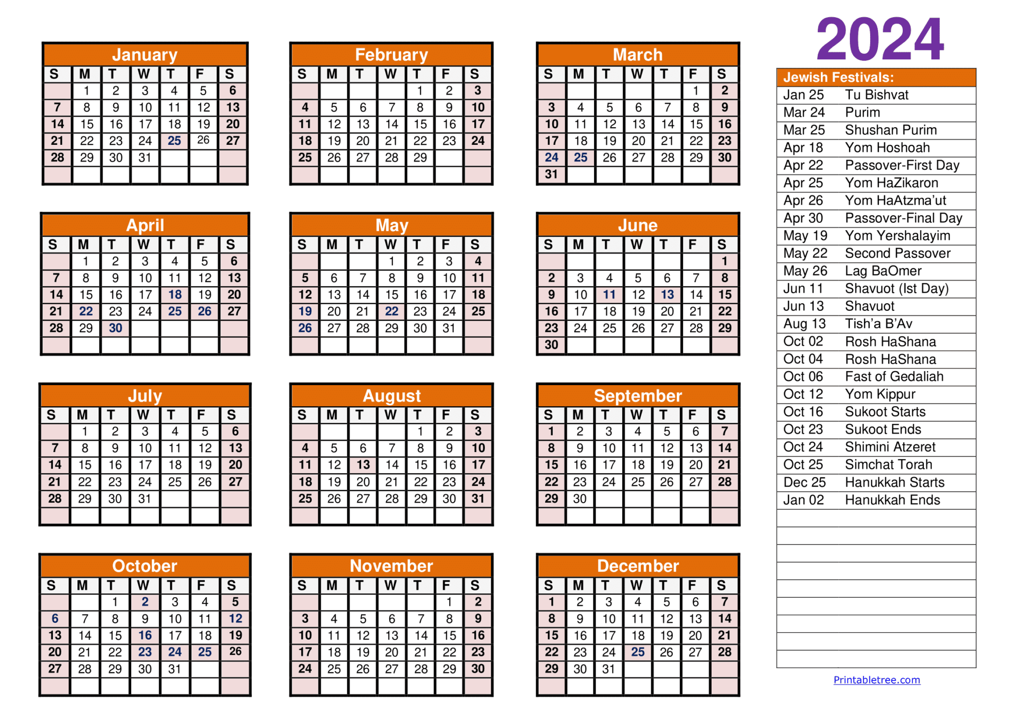 Jewish Calendar 2023 2024 PDF Templates With Jewish Holidays Lists
