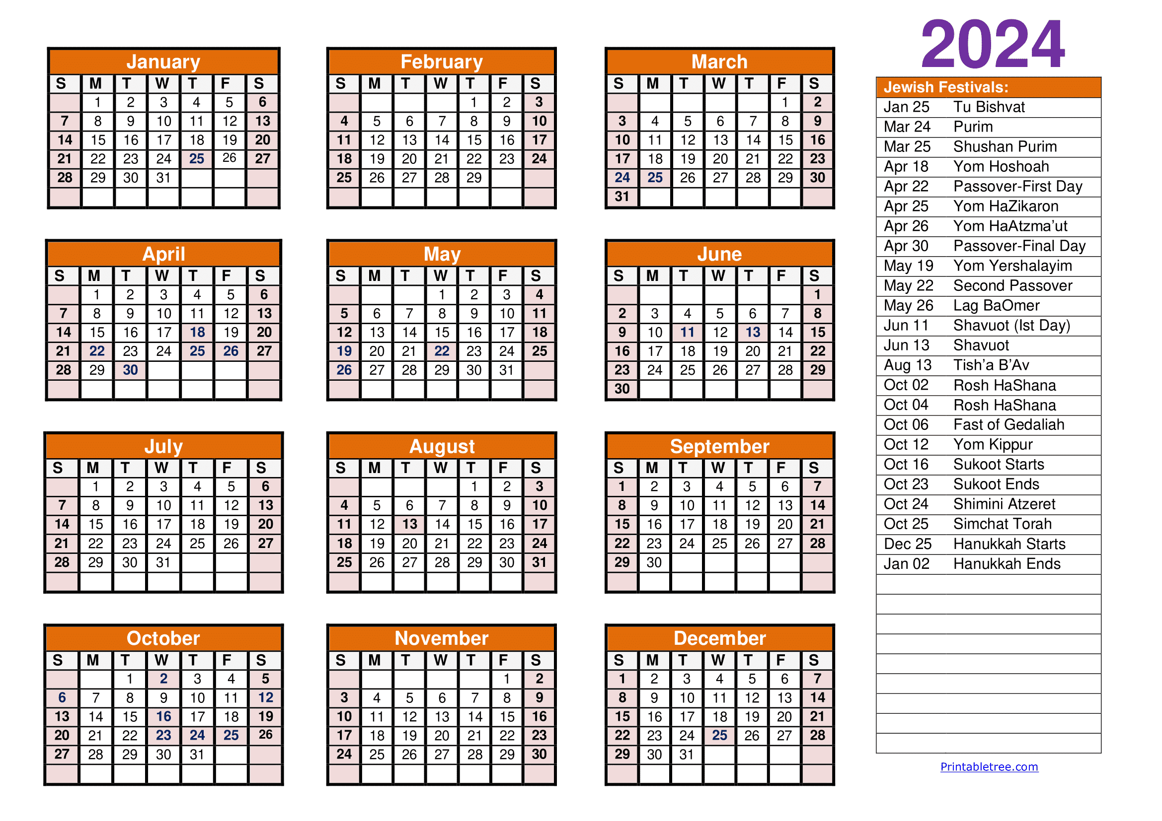 Printable Jewish Calendar 2024 - Barby Carlynn