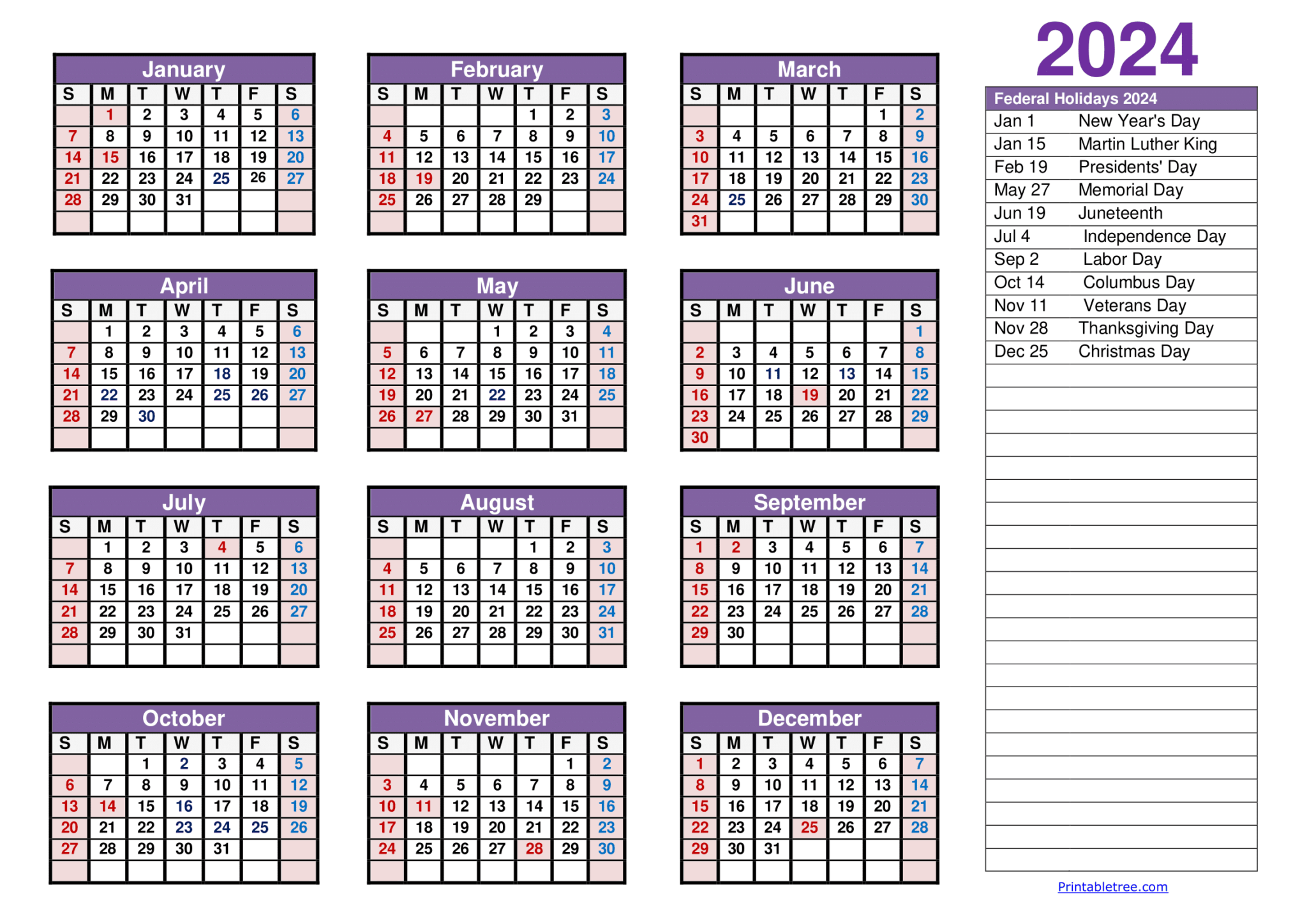 Printable Calendar 2024 One Page with Holidays (Single Page) 2024 ...