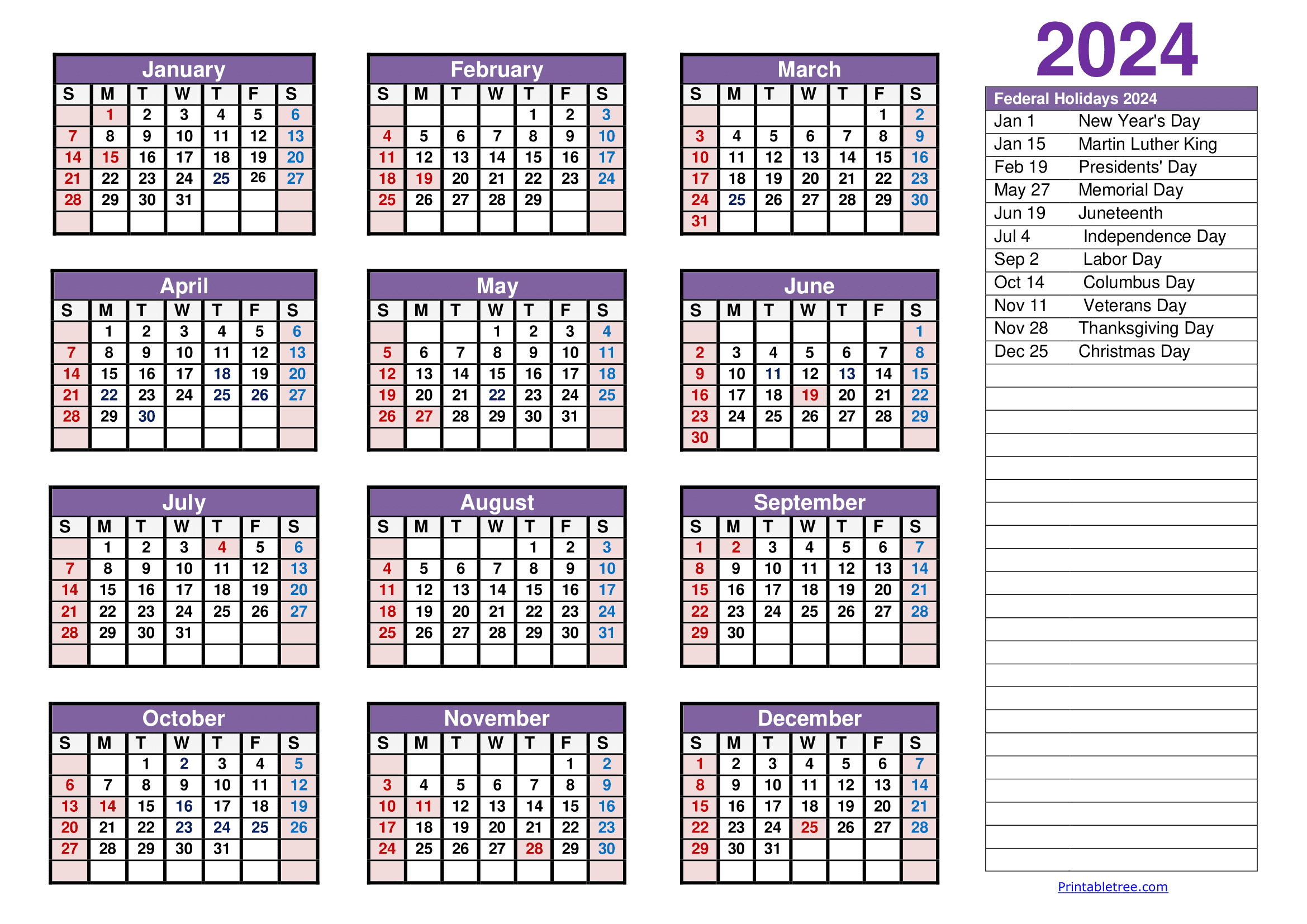 2024 Full Year Calendar Printable Pdf Form Calendar 2024 With Holidays