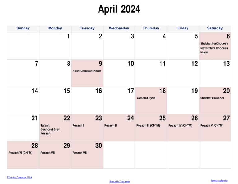 Jewish Calendar 2023, 2024 PDF Templates with Jewish Holidays Lists