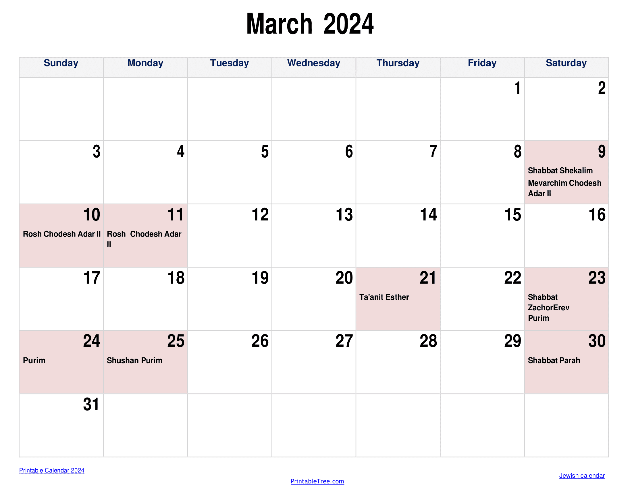 Jewish Calendar 2024 2025 PDF Templates With Jewish Holidays Lists   Jewish Calendar March 2024 