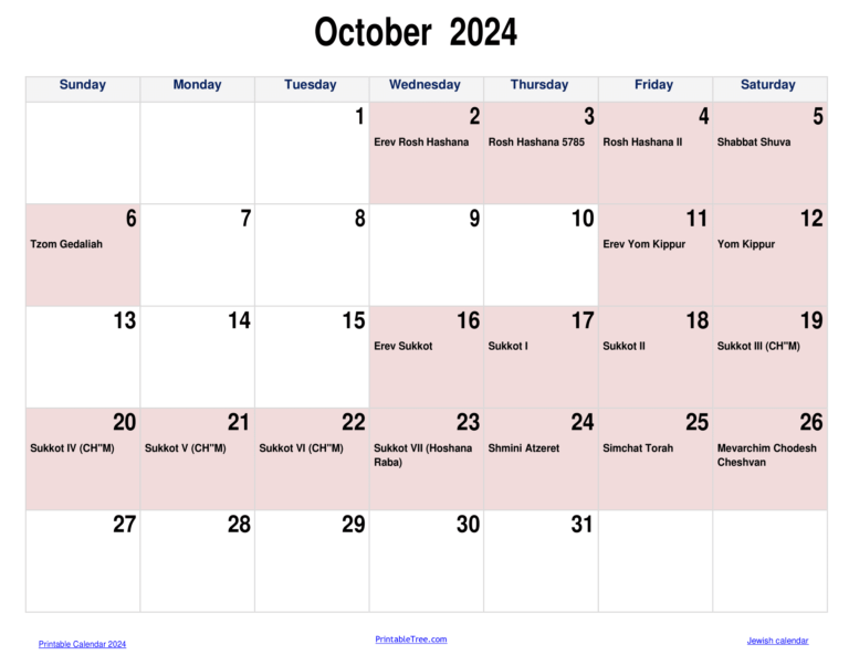 Jewish Calendar 2023, 2024 PDF Templates with Jewish Holidays Lists