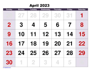 Large Numerals April 2023 Calendar Temp