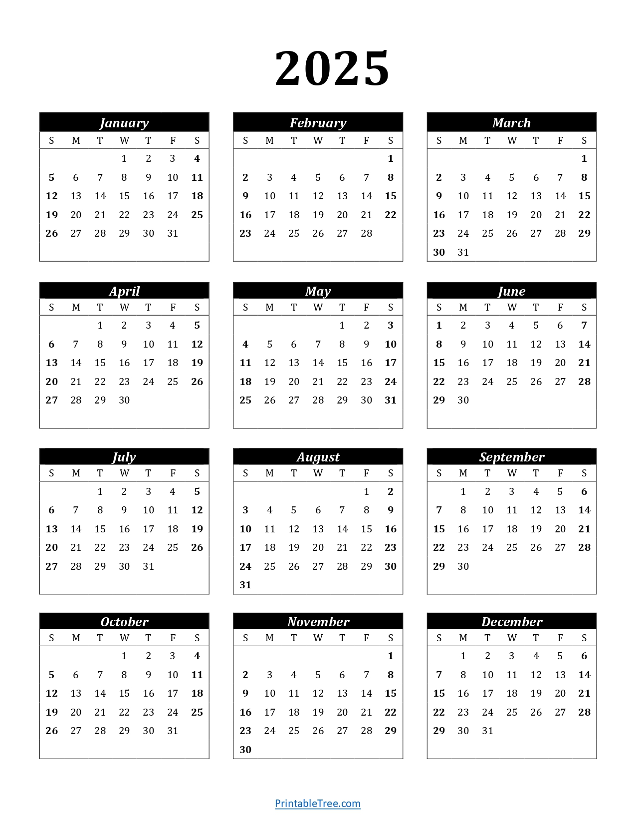 Printable Calendar 2025 One Page with Holidays (Single Page) 2025 Yearly Blank PDF Templates