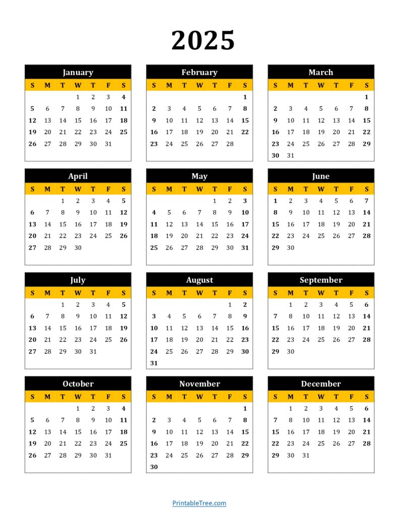 2025 Calendar One Page Yellow Portrait