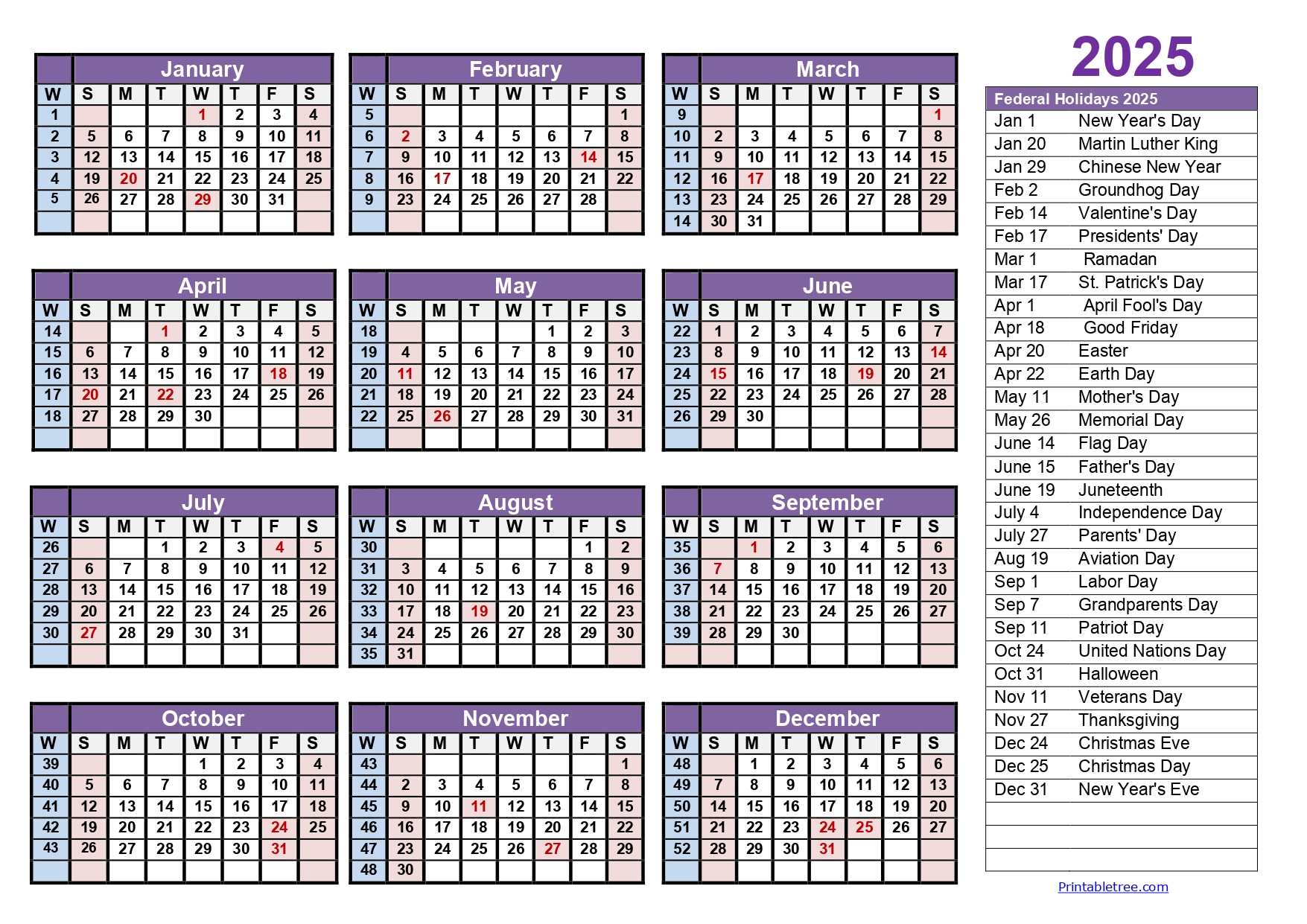 Calendar Weeks 2025 - Printable Tree