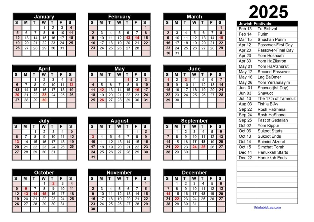 2025 Jewish Calendar with holidays