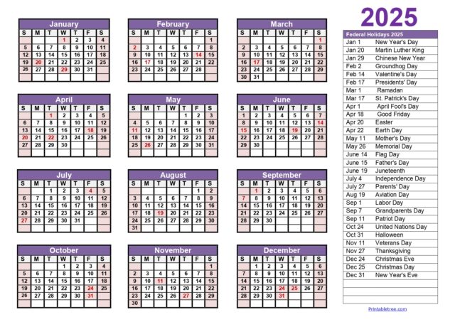Printable Calendar 2025 One Page with Holidays (Single Page) 2025 ...