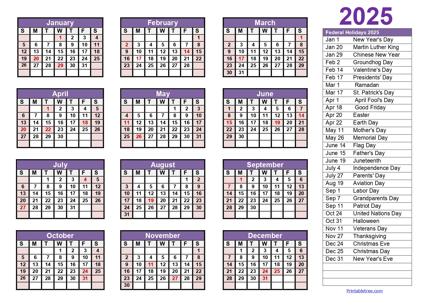 Printable Calendar 2025 One Page with Holidays (Single Page) 2025 Yearly Blank PDF Templates