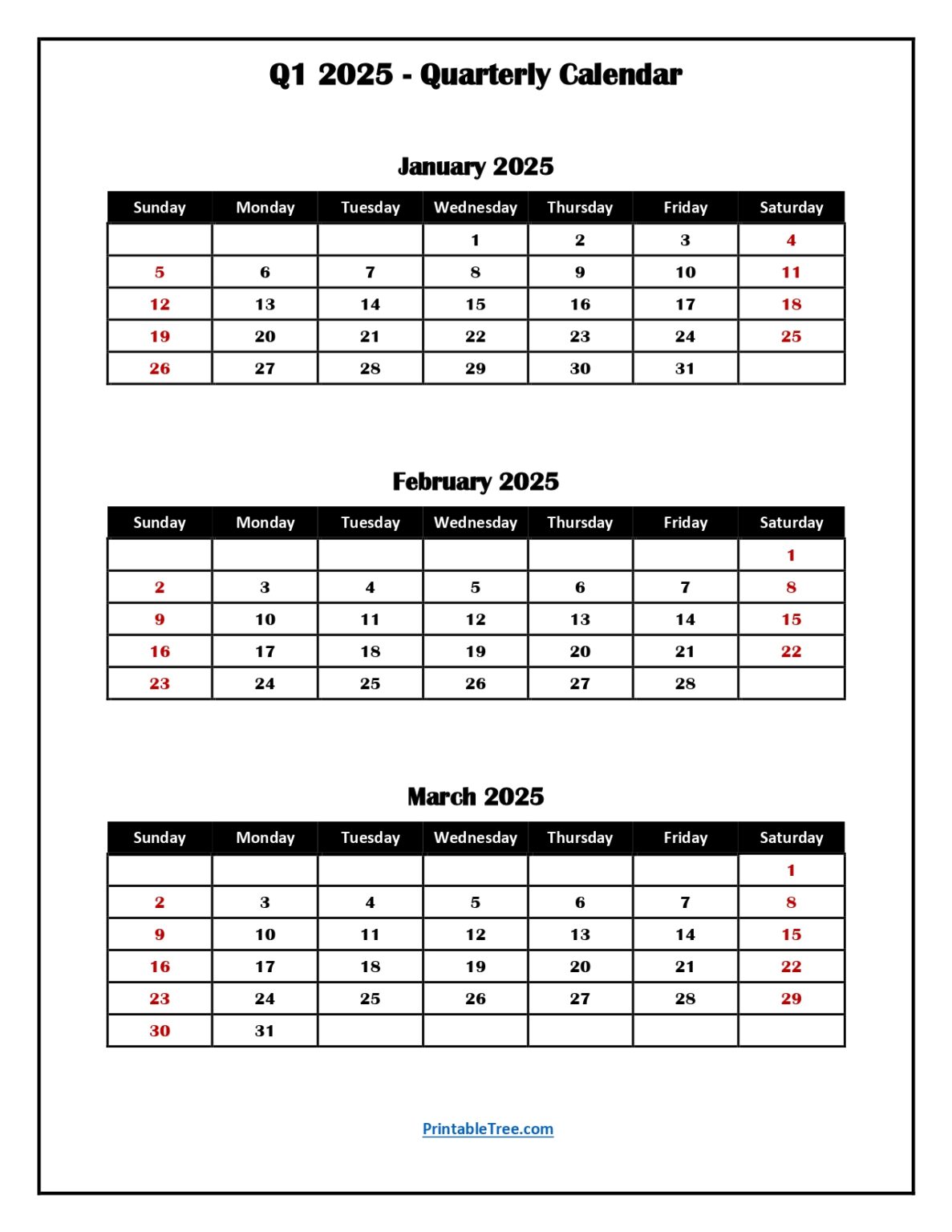 Q1 Quarterly Calendar 2025 Printable PDF Templates