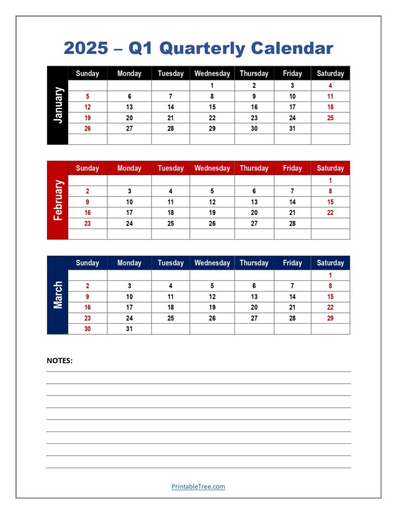 2025 Q1 Quarterly Calendar with Notes Printable