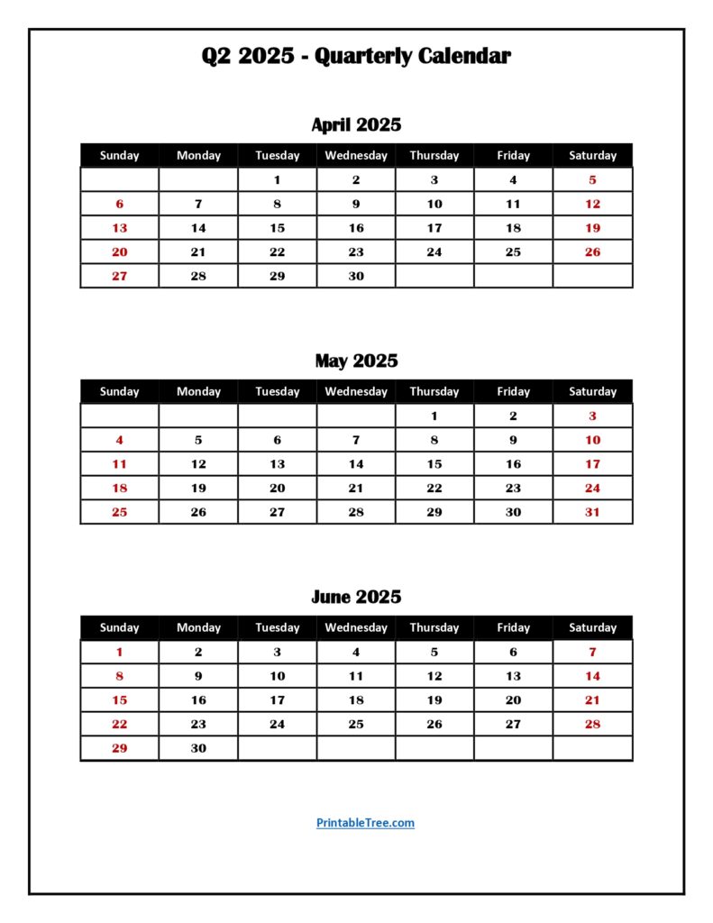 2025 Q2 Calendar Quarterly Calendar