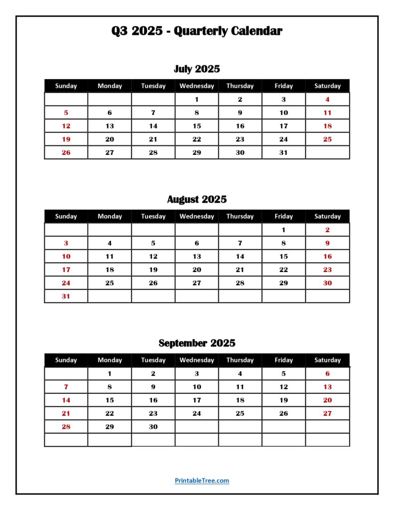 2025 Q3 Calendar- Quarterly Calendar