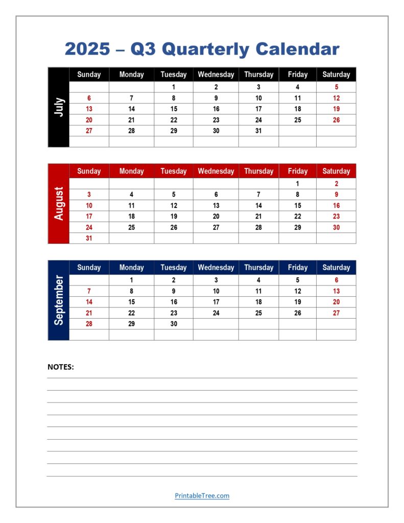 2025 Q3 Quarterly Calendar with Notes Printable