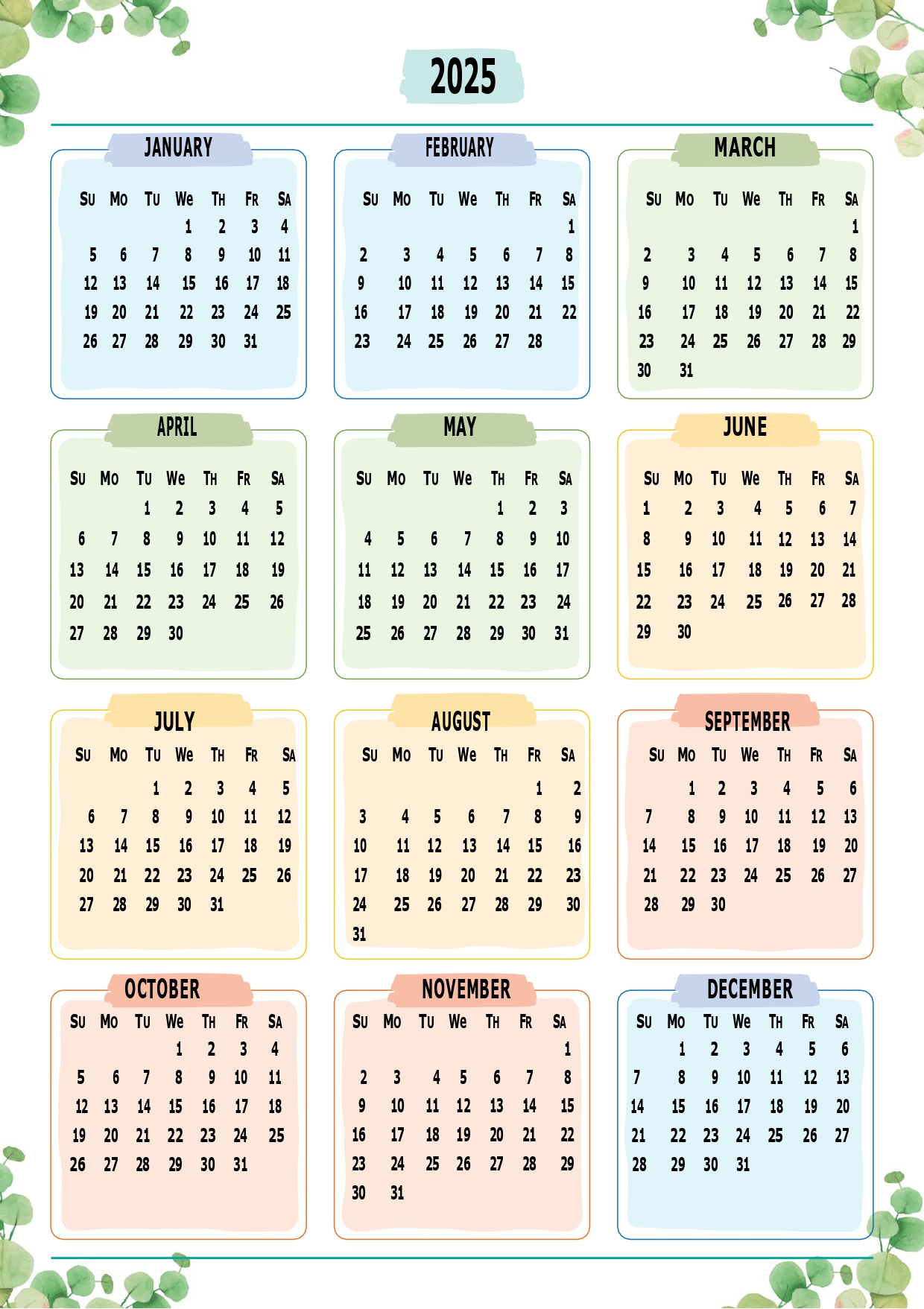 Printable Calendar 2025 One Page with Holidays (Single Page) 2025 Yearly Blank PDF Templates