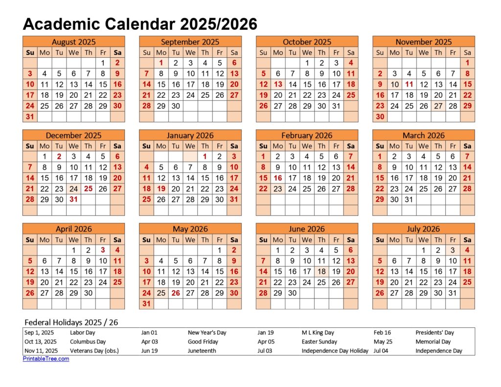 2025 to 2026 Academic Calendar Printable
