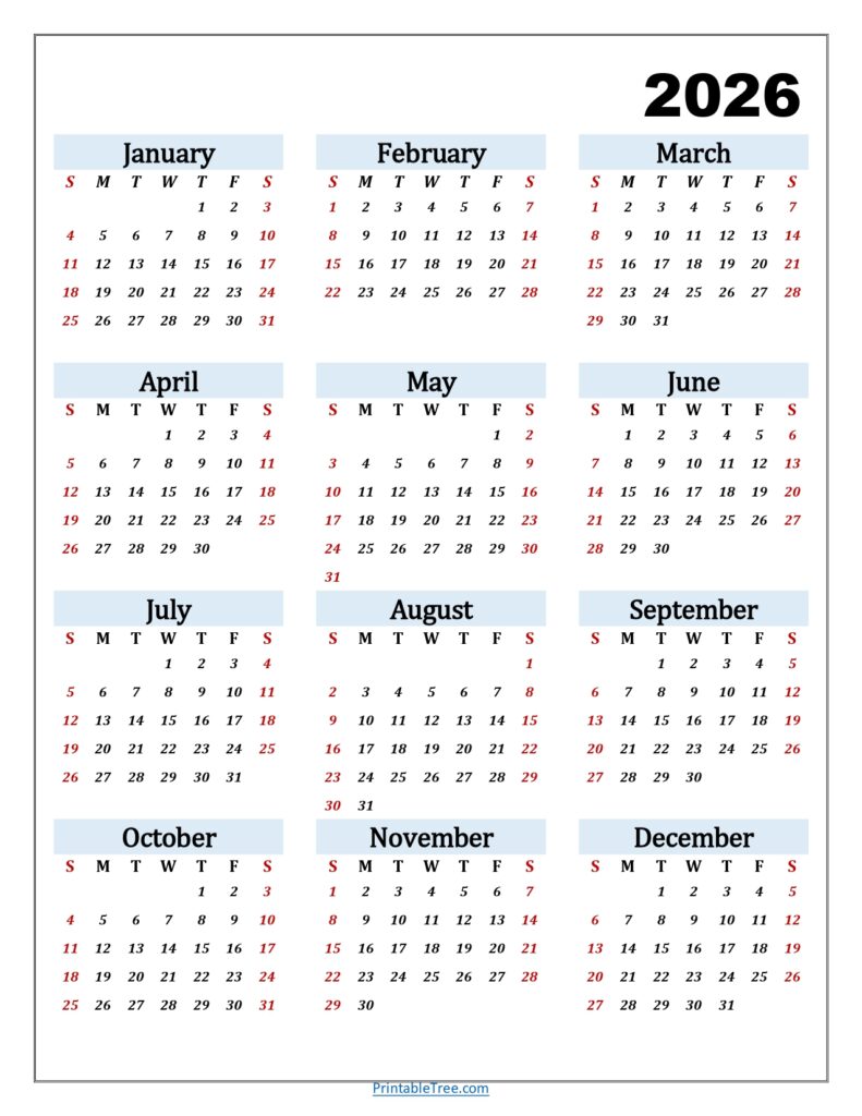 2026 Calendar Light blue Italicized Portrait