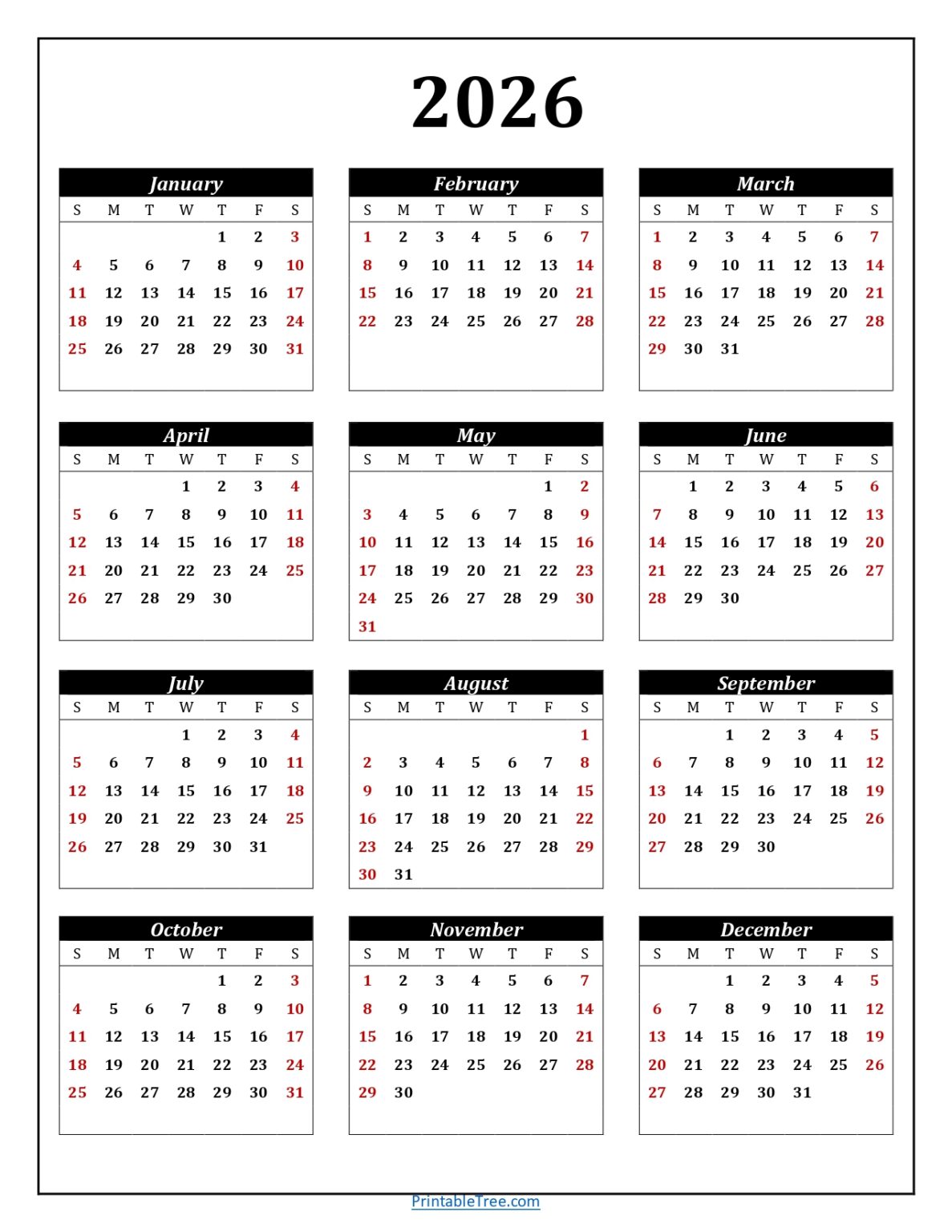 Printable Calendar 2026 One Page with Holidays (Single Page) 2026