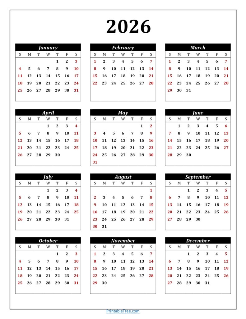 2026 Calendar One Page Black Portrait