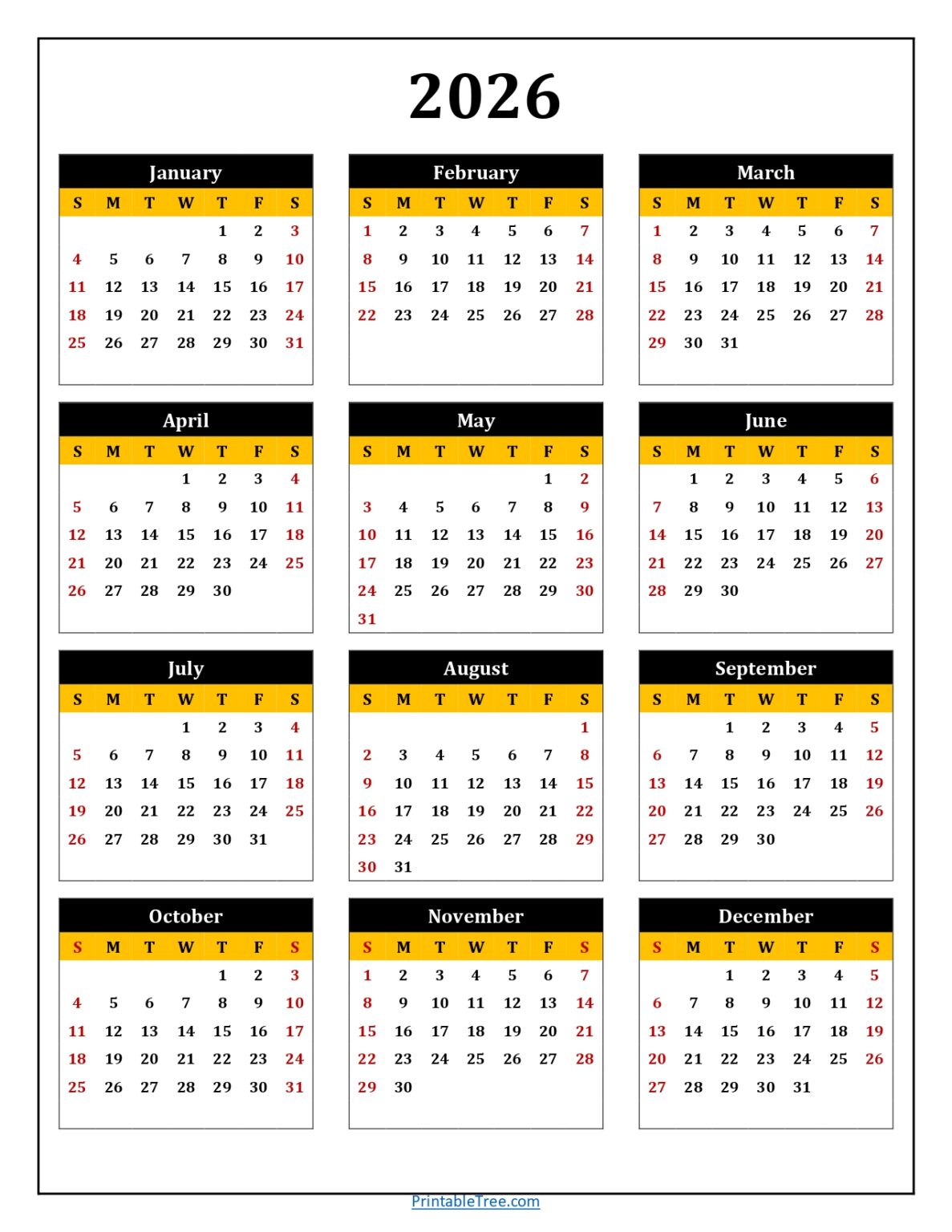 Printable Calendar 2026 One Page with Holidays (Single Page) 2026