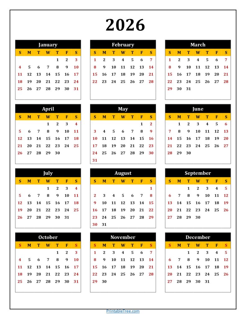 2026 Calendar One Page Black and Yellow Portrait