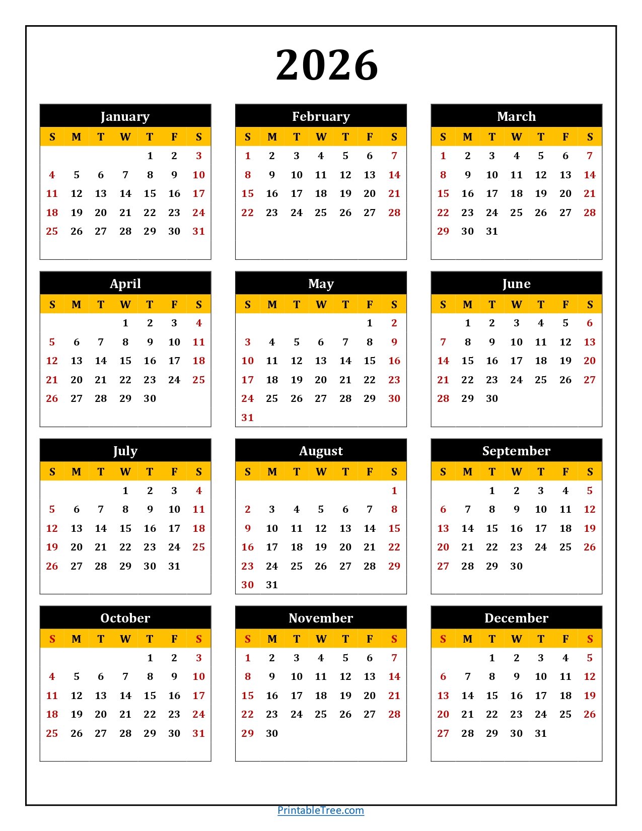 2026 Yearly Calendar Printable One Page Printable Templates Hub