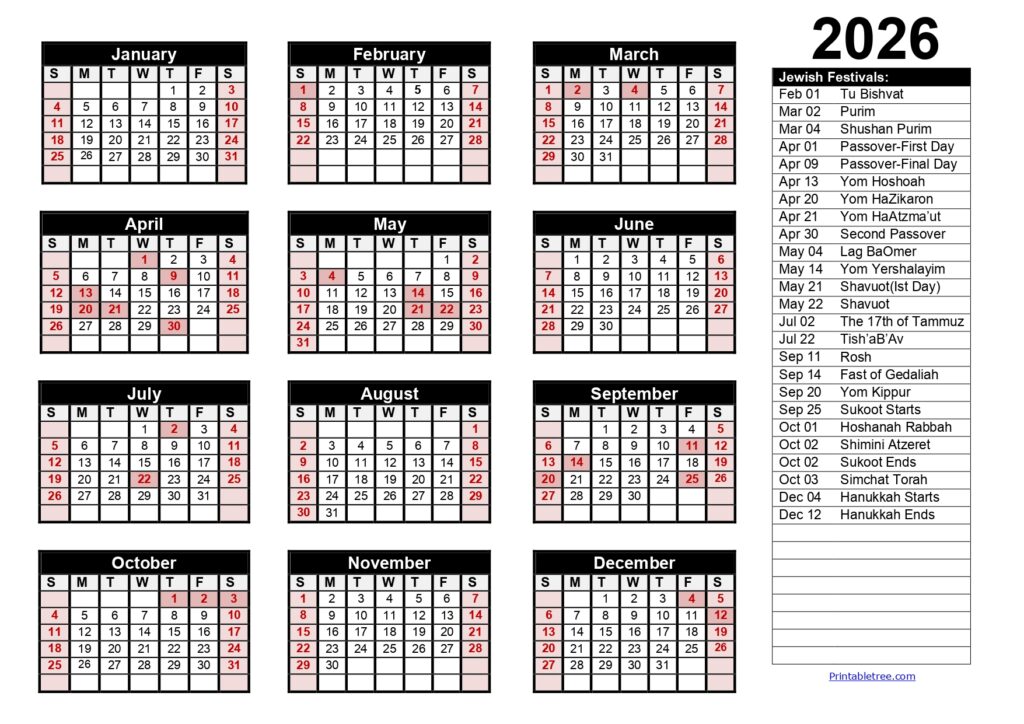 2026 Jewish Calendar with holidays