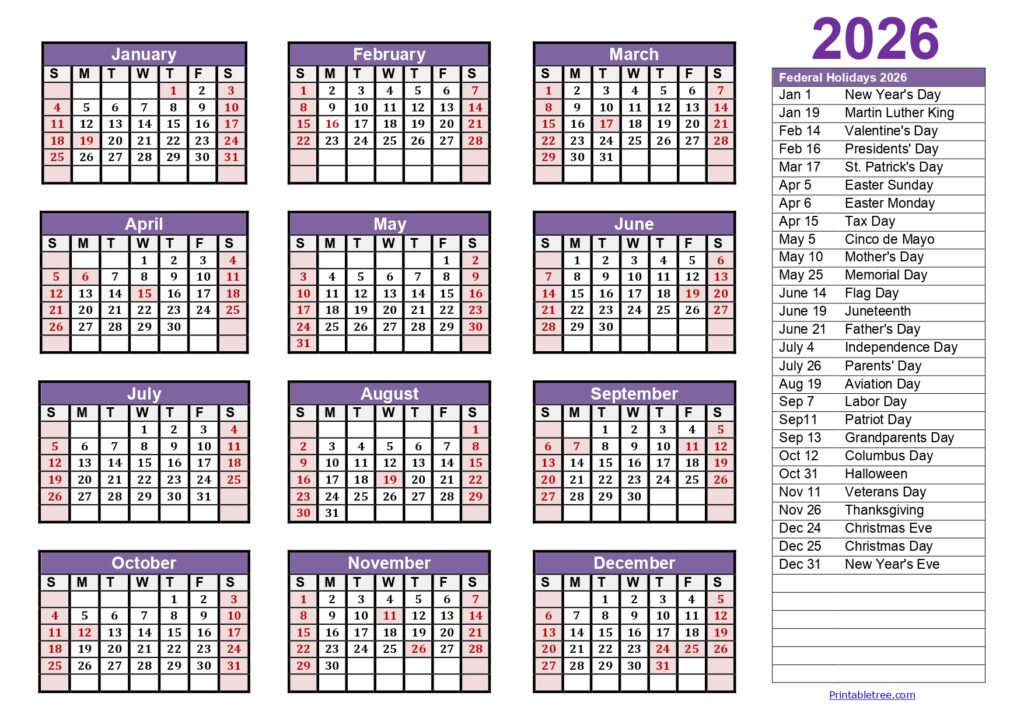 2026 One Page Calendar Printable PDF