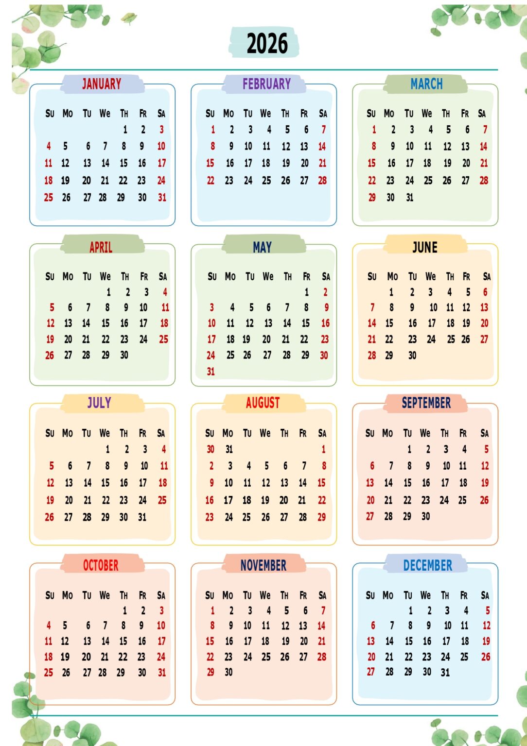 Free Blank Monthly Printable Calendar 2026 Templates