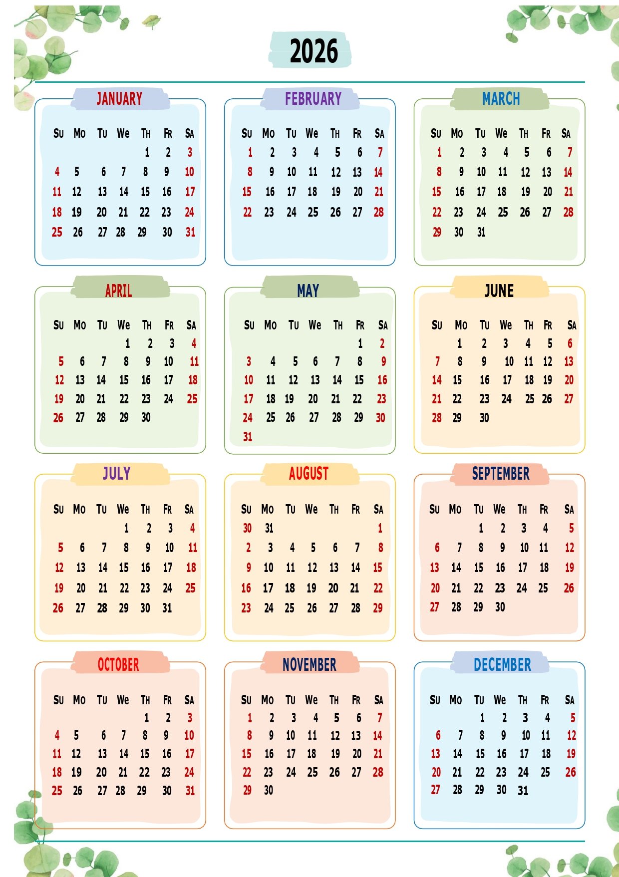 Yearly Calendar 2026 Printable Yearly Calendar 2026 Printable