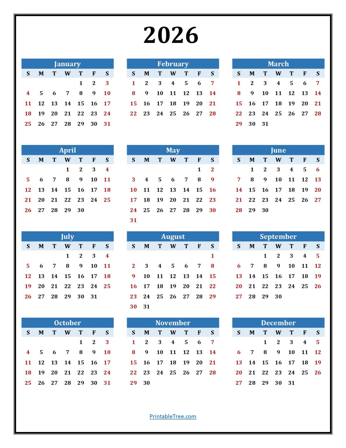 Printable Calendar 2026 One Page with Holidays (Single Page) 2026